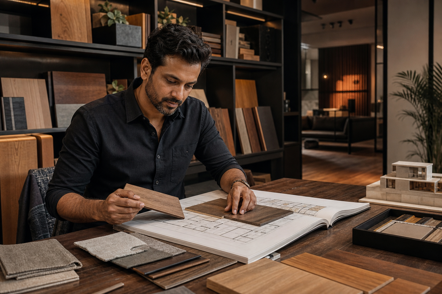 Interior architect reviewing wooden flooring samples and residential plans