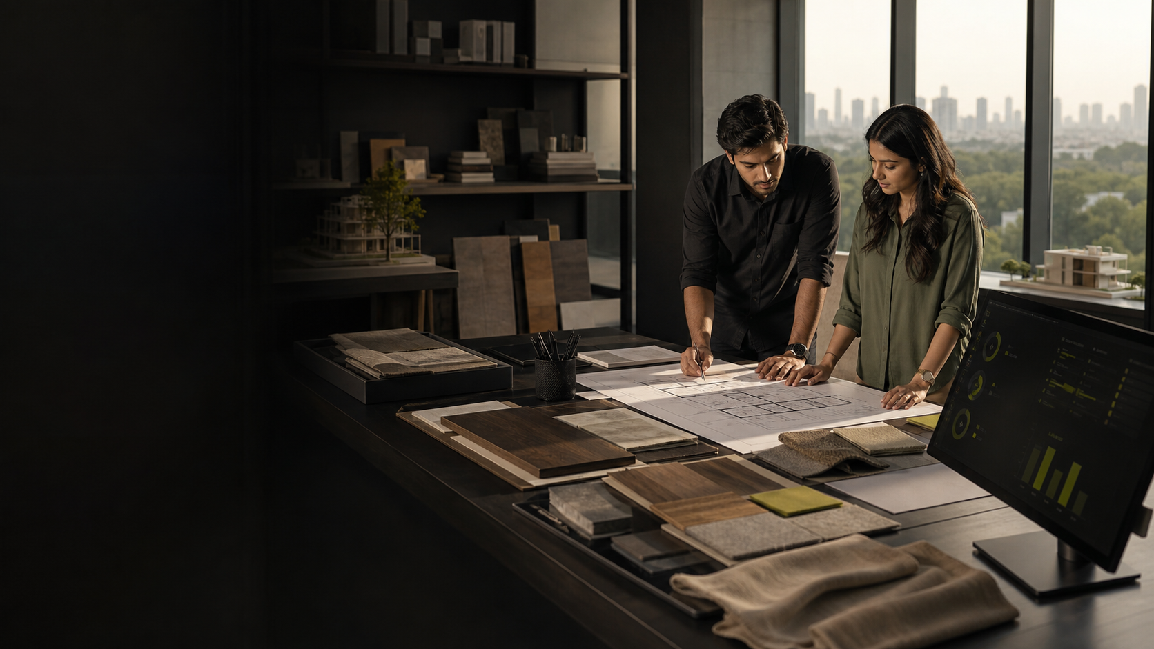 Architecture and interiors team using ArchPro alongside plans and material samples