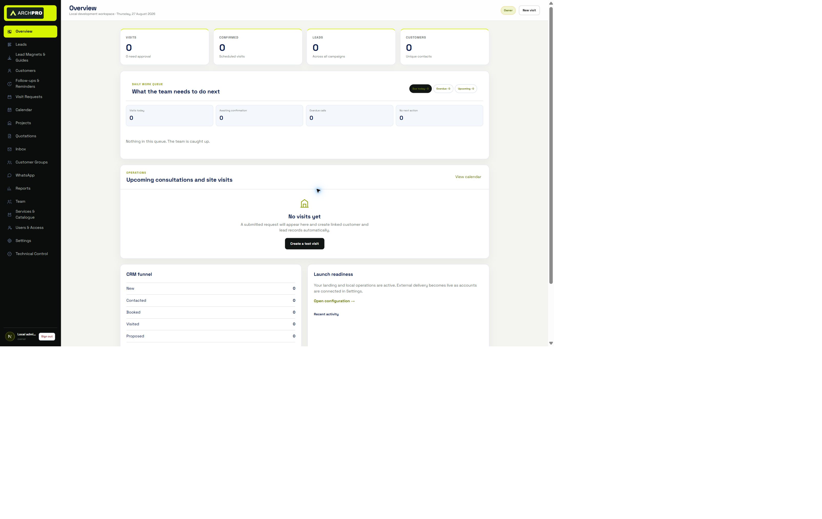 Actual ArchPro CRM overview with leads, follow-ups and project operations